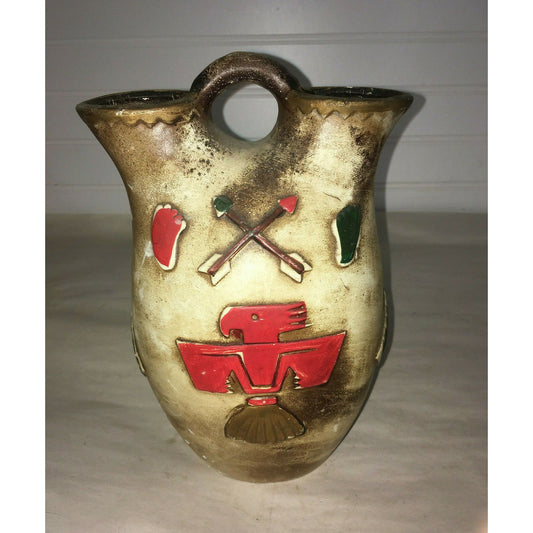 ART POTTERY Incan/Mayan Art on this Double Mouth Distressed Vase