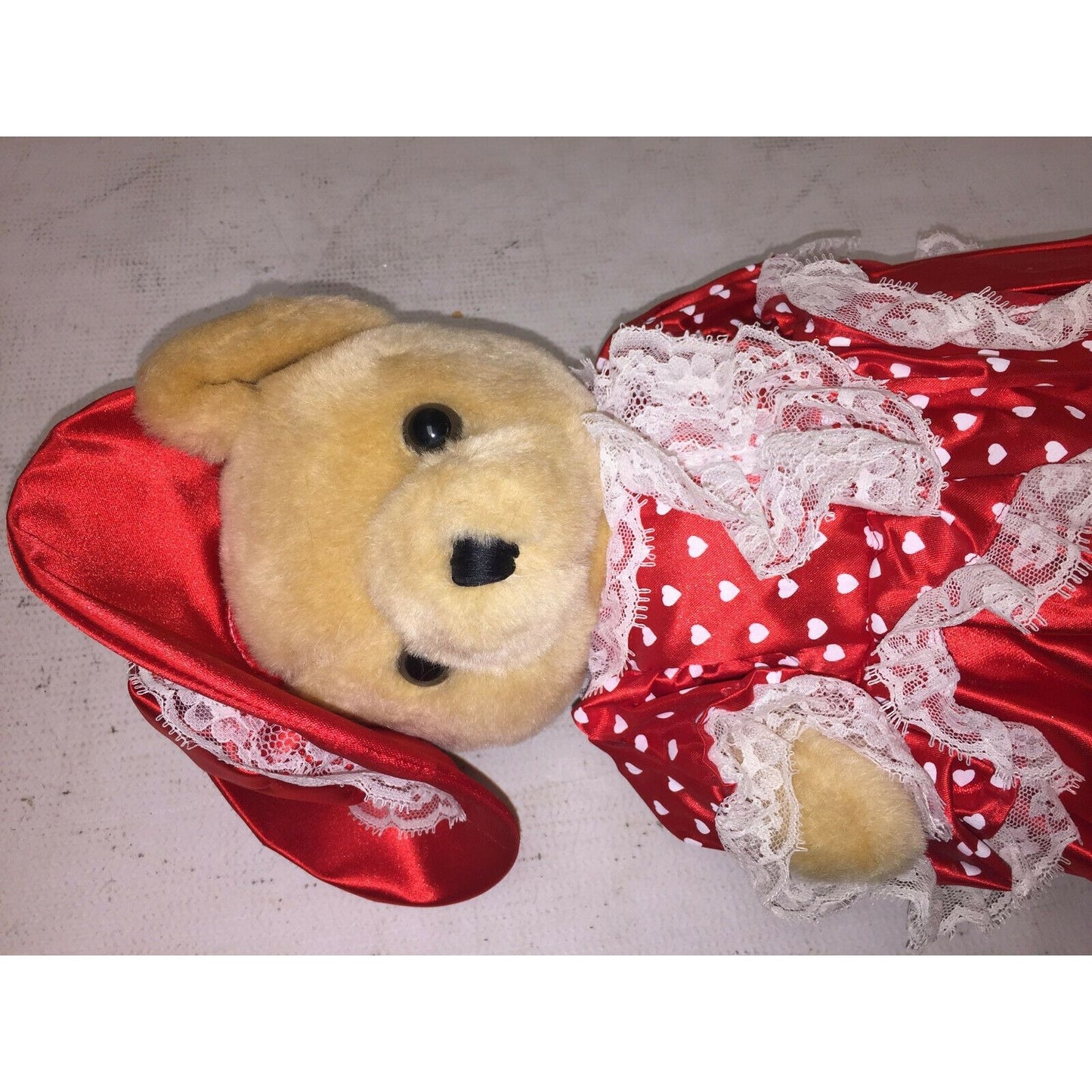 Jointed TEDDY BEAR in Red Satin Gown and Hat (Valentines or Xmas)