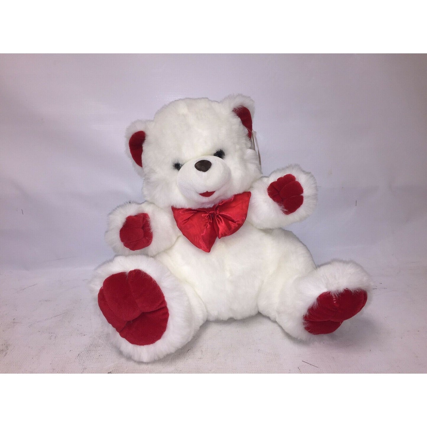 Fluffy White Stuffed VALENTINE'S DAY BEAR Plush RED Bow 16" Tall