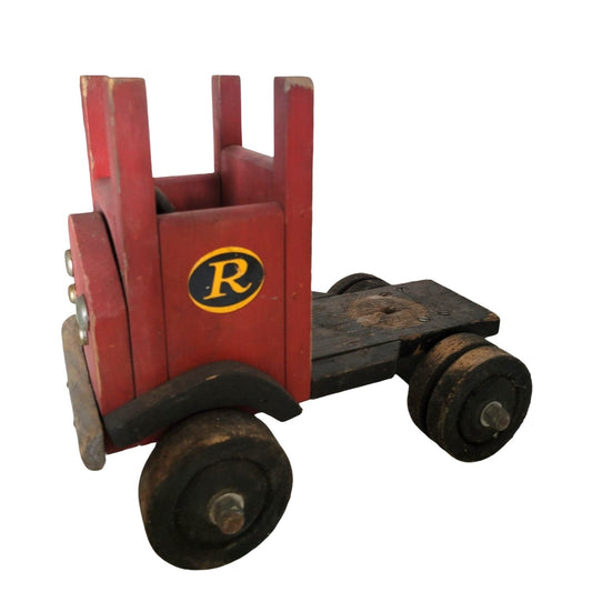 Antique Red Wooden Truck Toy with Rollins Leasing Co. Logo - Vintage Truck and Trailer