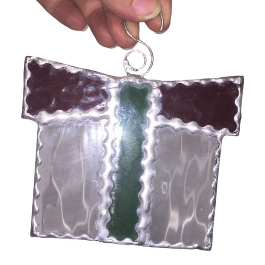 Pretty Textured Stained Glass Christmas Present Ornament or Sun catcher - Clear texture with Green and Red 'Ribbons'