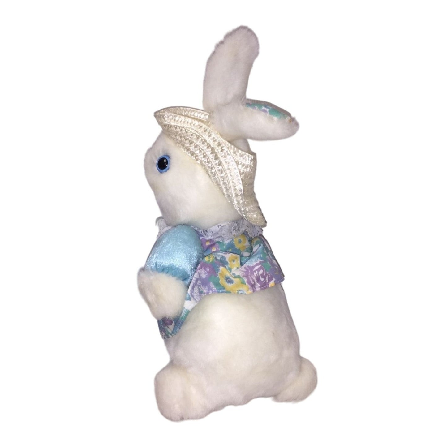 Sweet Smiling White Easter Bunny Rabbit Plush with Straw Hat and Blue, Purple Yellow Floral Print Dress and Accents