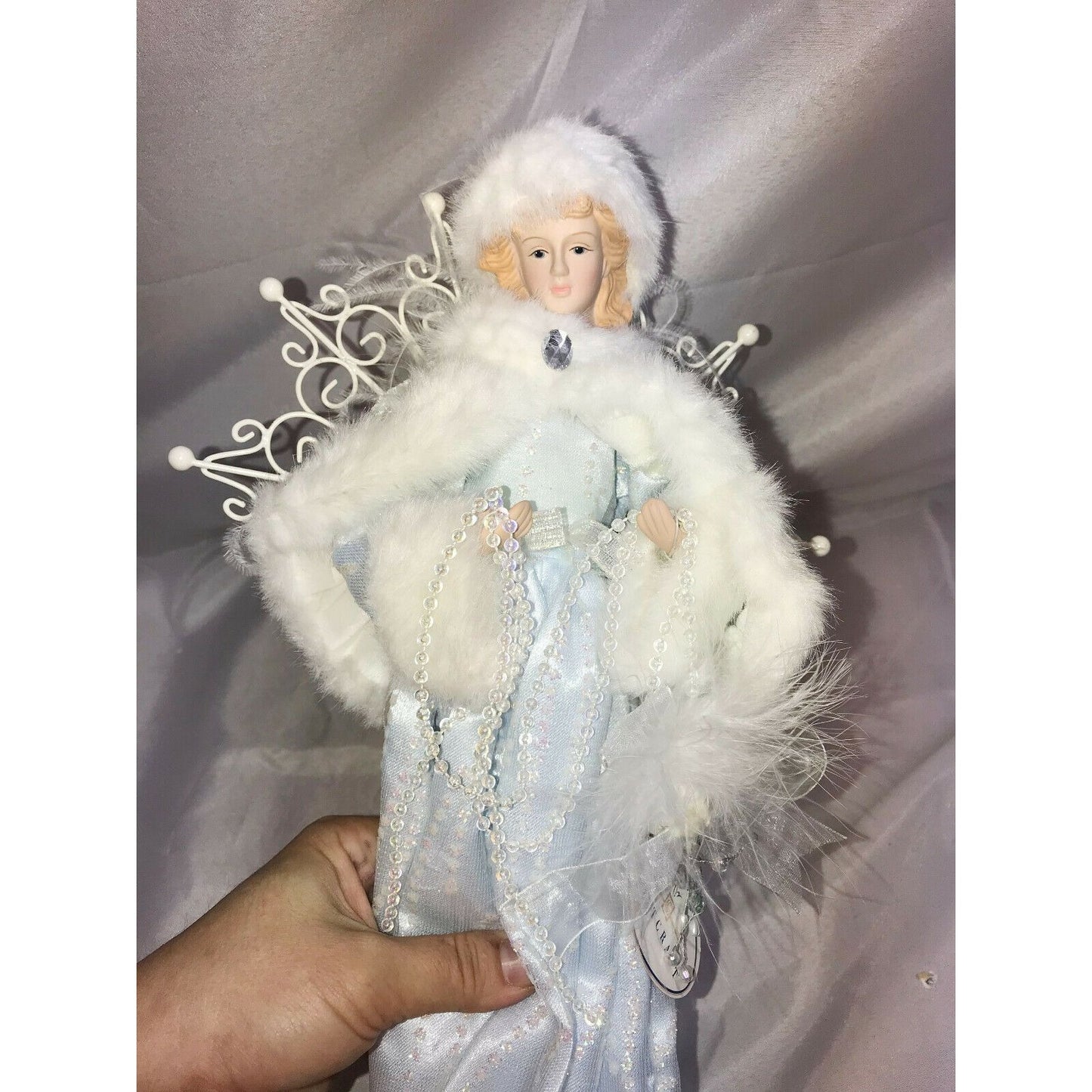 Porcelain Christmas Angel on Base White Fur & Blue Gem Beads Gown