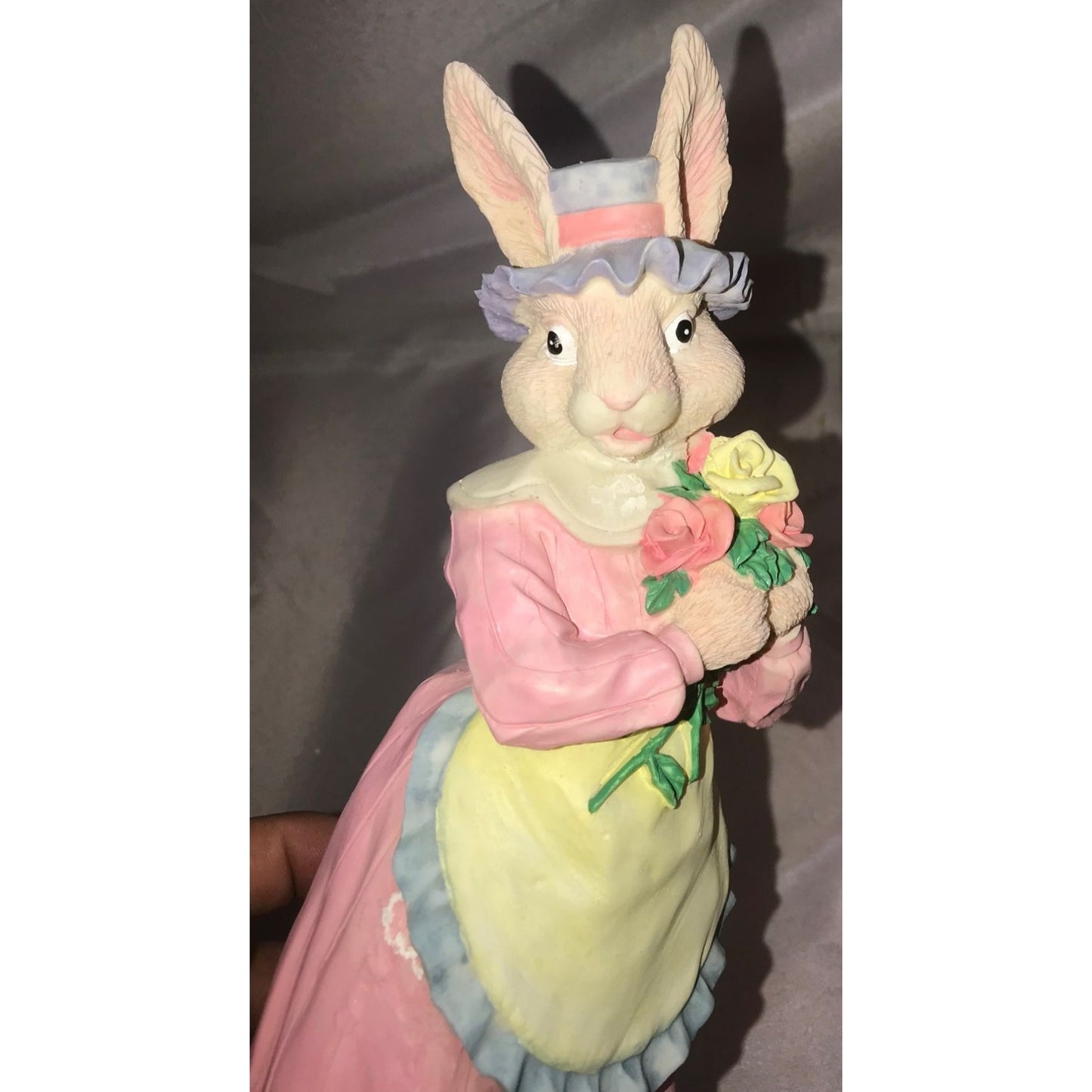 Easter decor - Dressed Up Rabbit Holding Bouquet of pink and yellow roses - Holiday Decor