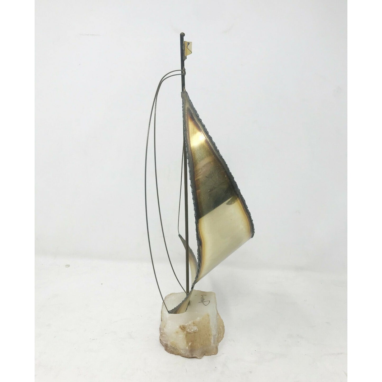 Mid-Century MODERN Brass SAILBOAT Sculpture QUARTZ Base SIGNED