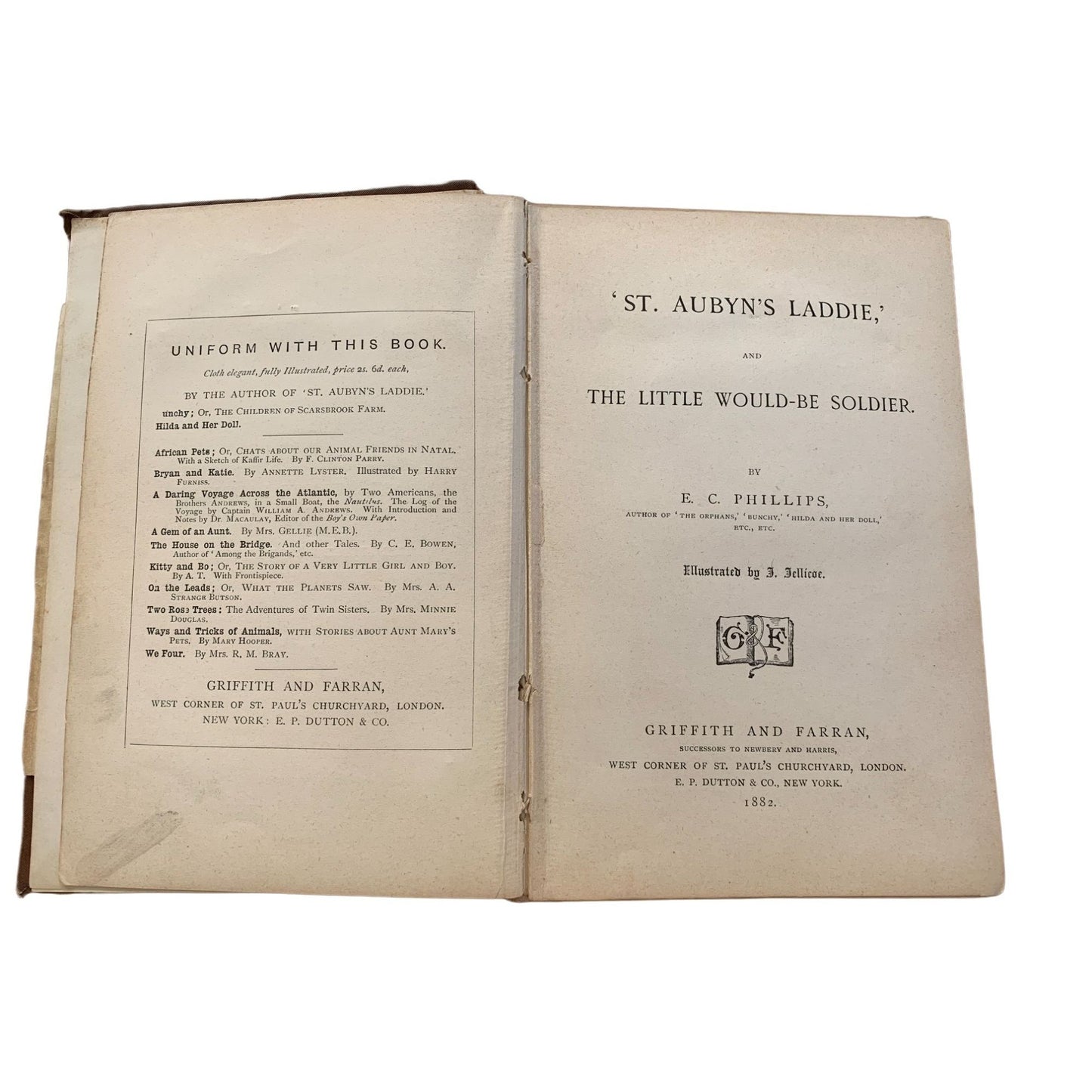 St. Aubyn's Laddie and The Little Would Be Soldier -  1882 ANTIQUE BOOK - Inscribed