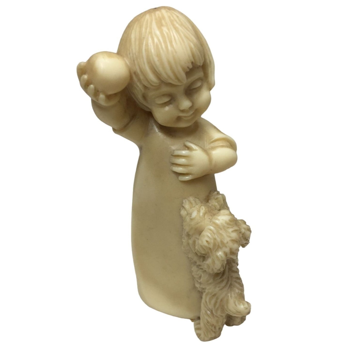 BIanchi Vintage (1979) Alabaster Figurine - Child Playing with Dog - Italy - Contented happy face