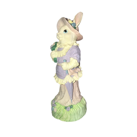 Windsor Collection Collectible EASTER BUNNY Figure. White Rabbit in pink and purple Dress w Umbrella, Hat and Flowers