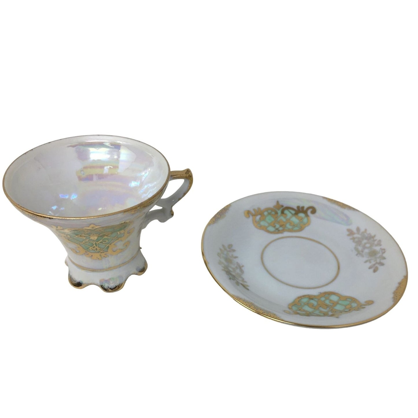 Family Crest Looking Pattern on this Iridescent Cup and Saucer Set - Gol Art / Filigree Accents - Great Find!