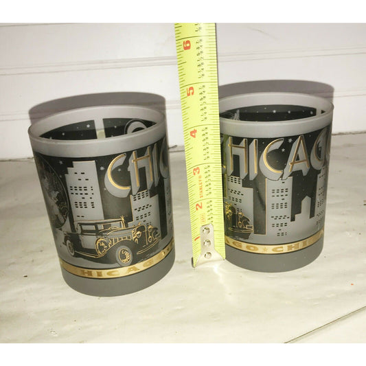 Pair of CHICAGO Tumblers SOUVENIR Gold and Black w Frosted Glass