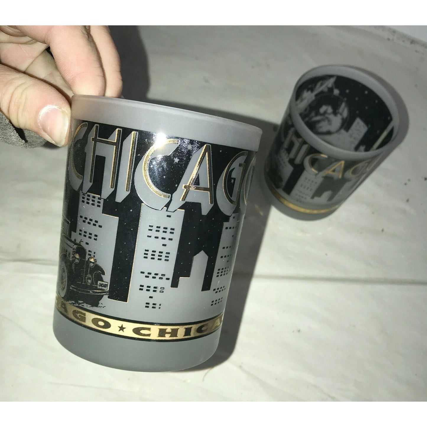 Pair of CHICAGO Tumblers SOUVENIR Gold and Black w Frosted Glass