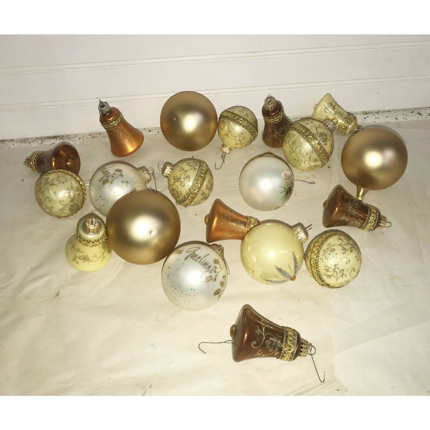 White & Gold CHRISTMAS ORNAMENTS Bell HANDPAINTED Holiday Decor