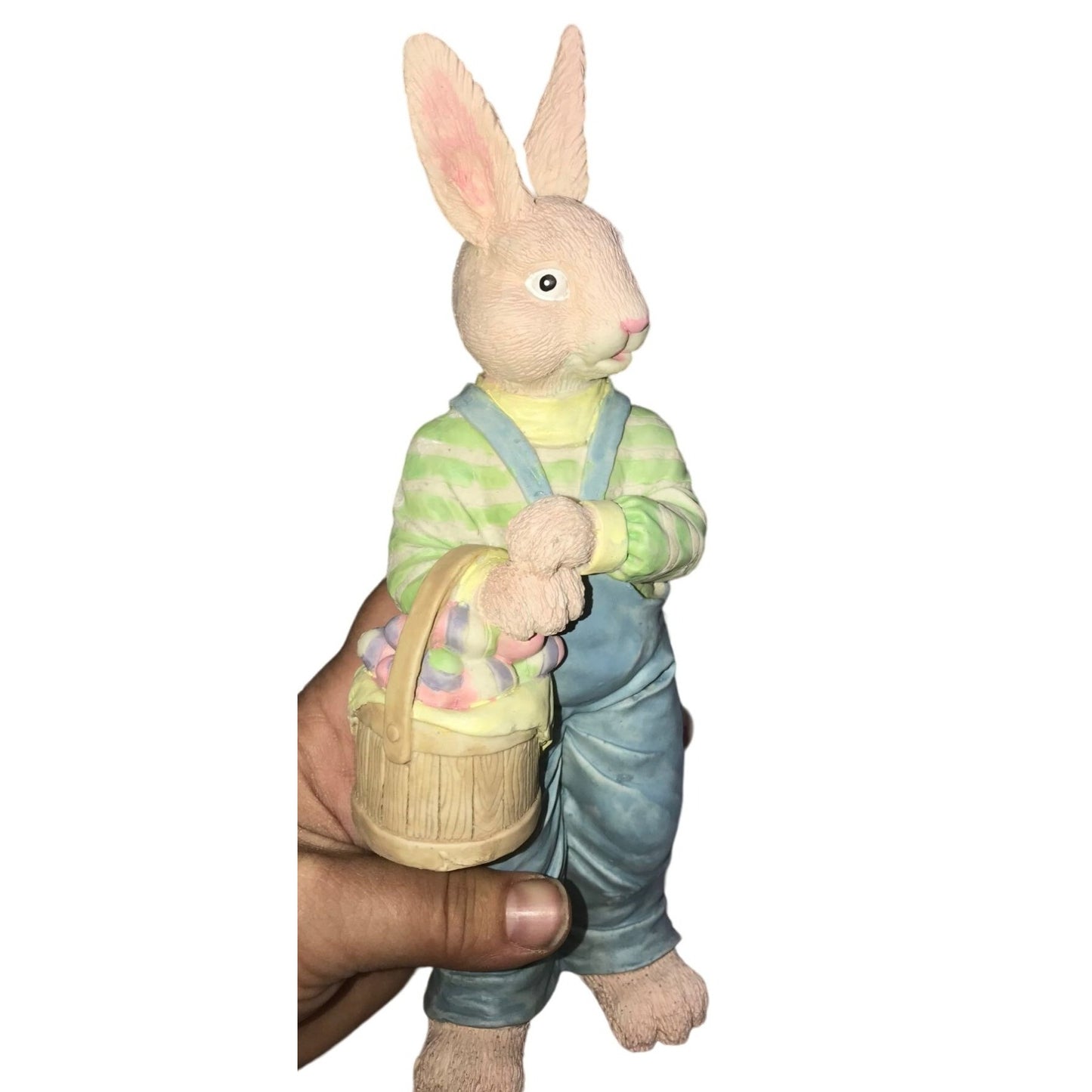 Easter decor - Brown Rabbit Holding Bucket of Easter Eggs (Wearing overalls) - Holiday Decor