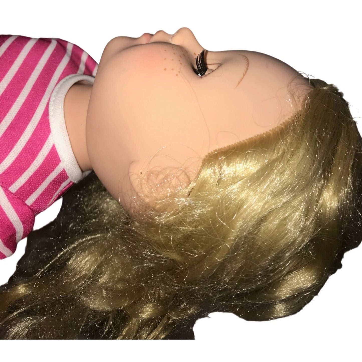 Blonde Doll with PInk and  White shirt,  Cabbage Patch denim pants and shoes - Cute fun Vinyl Doll