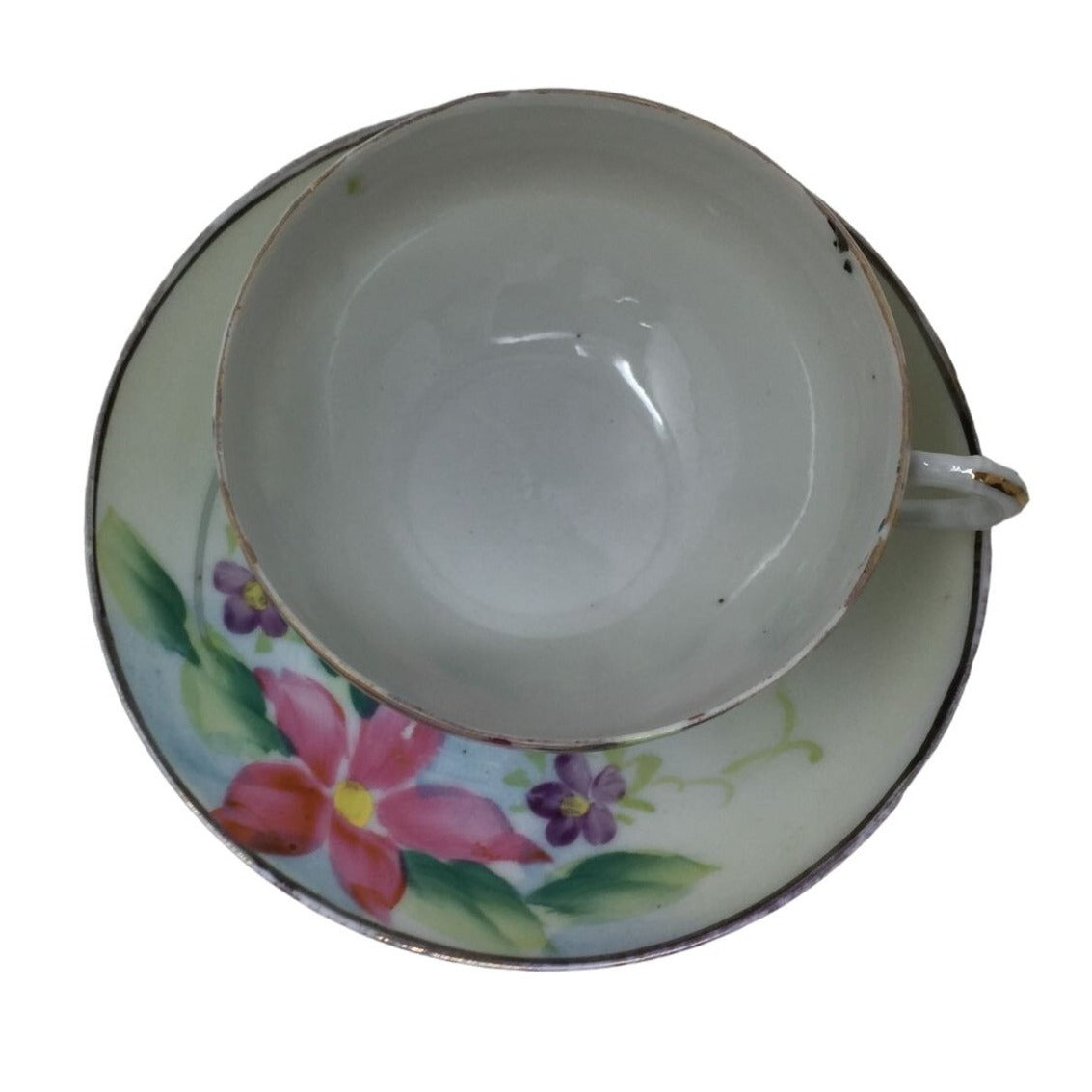 Vintage Hand painted Tea Cup and Saucer Set Pink and Purple Flowers with Leaves