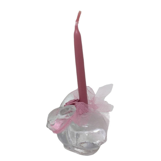 Small Clear Glass Rabbit Candlestick Holder - 4" Pink Candle (thin) Bow on Bunny - Cute