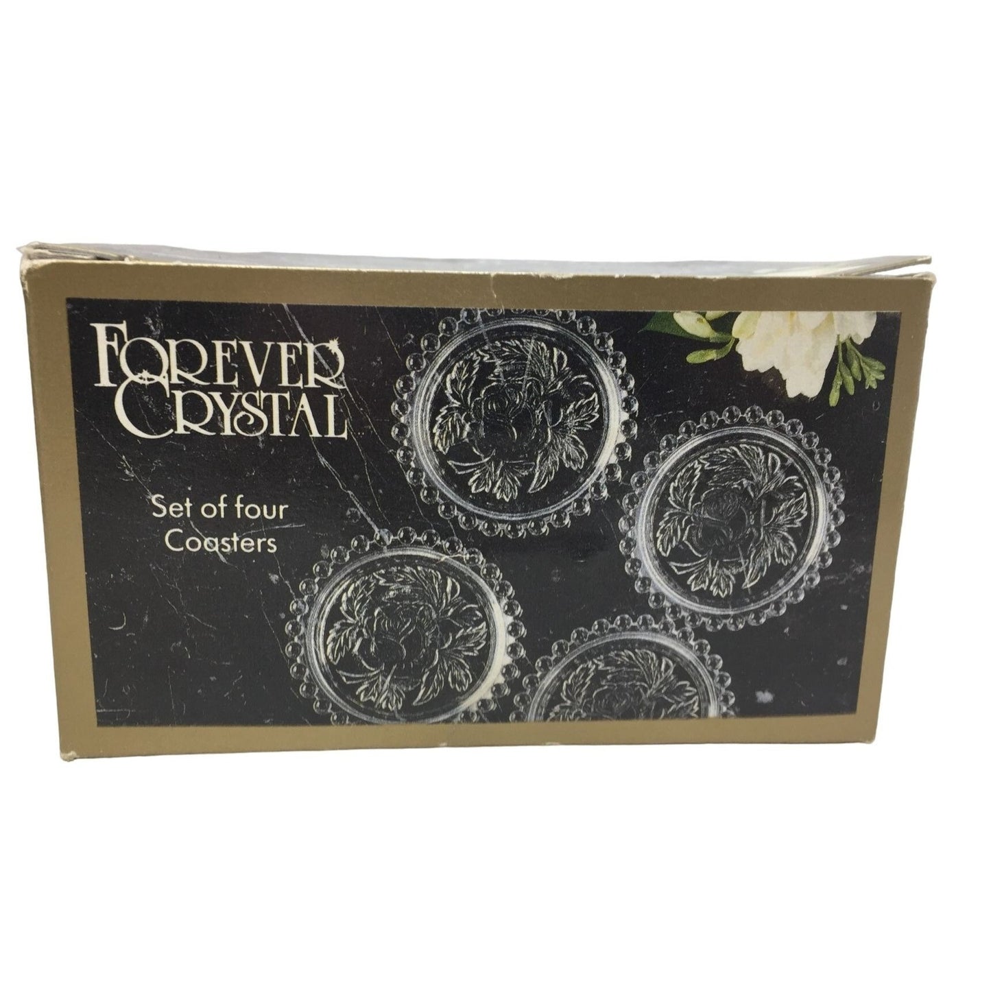 Forever Crystal Set of 4 Coasters in Original Box - Made in German Democratic Republic #326134 Rose and Foliage Pattern