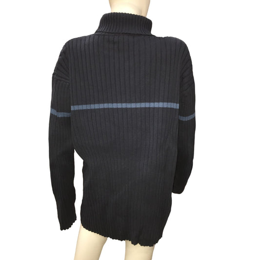 Vintage Old Navy Mens Sweater Dark Blue with Lighter Blue Horizontal Stripe Size XXL High Collar