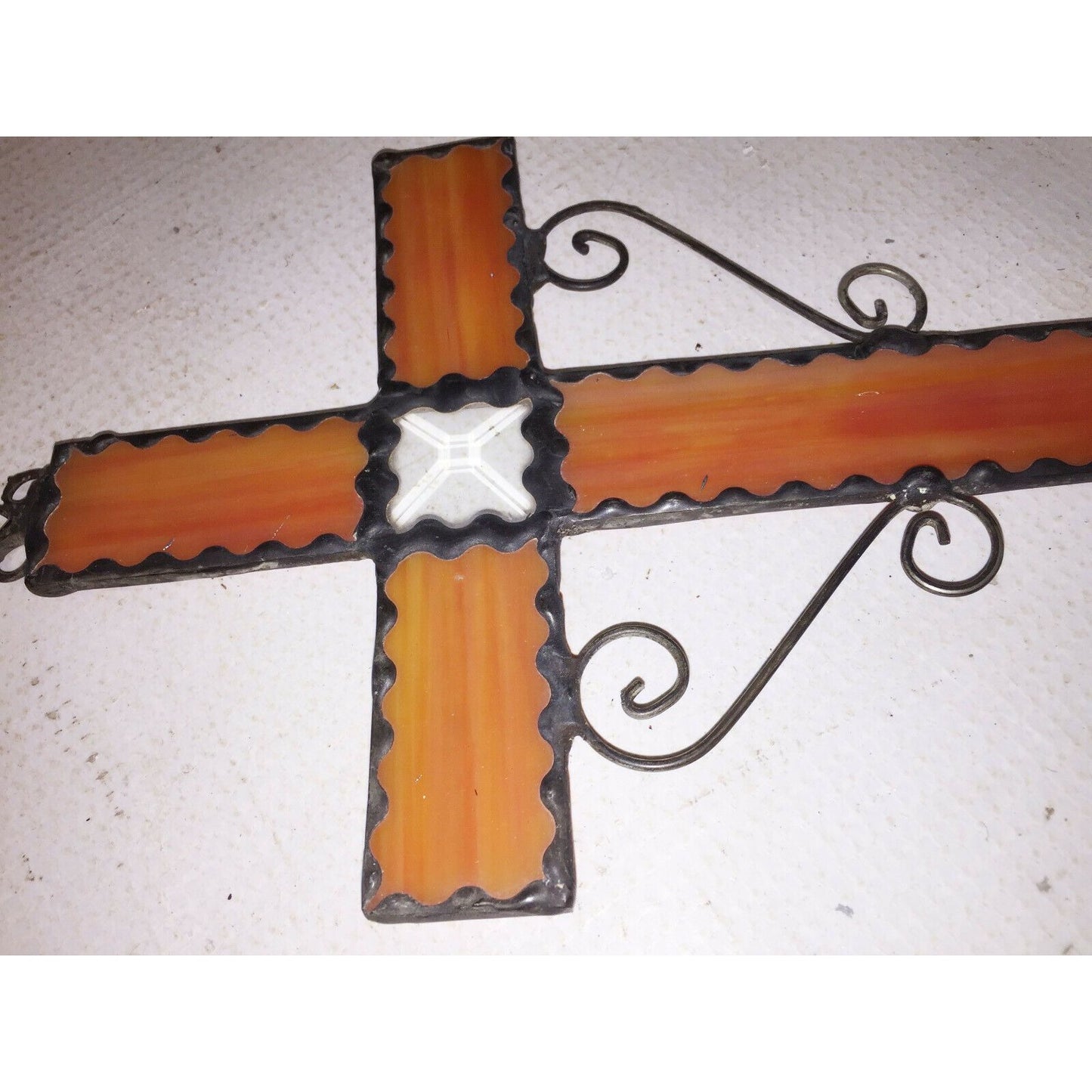 STAINED GLASS and Metal CROSS Sun Catcher Orange White 9" BY 5.25"