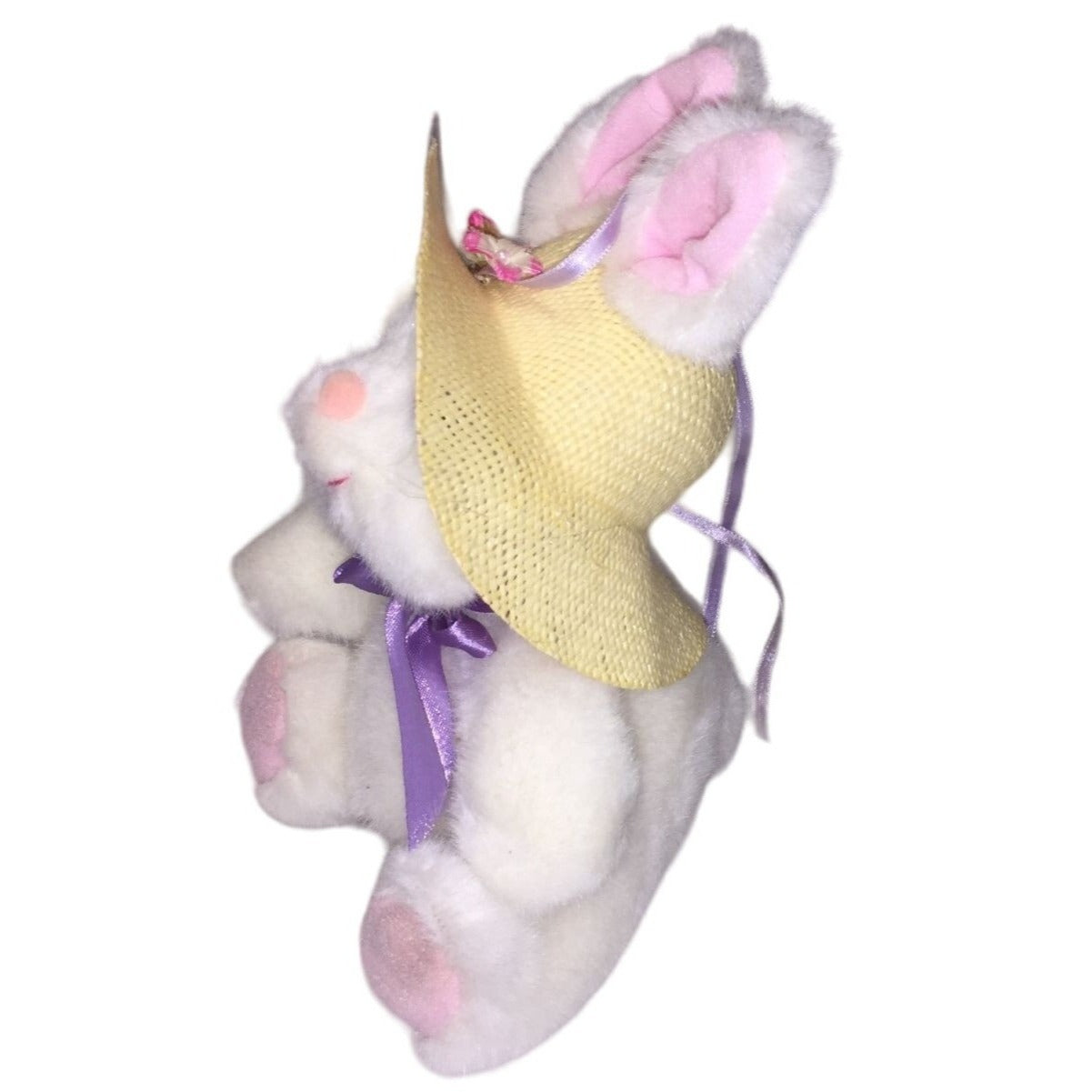 LILY - Plush White Rabbit with Straw Hat, Purple Bow and Pink Above Eyes -  Easter Bunny