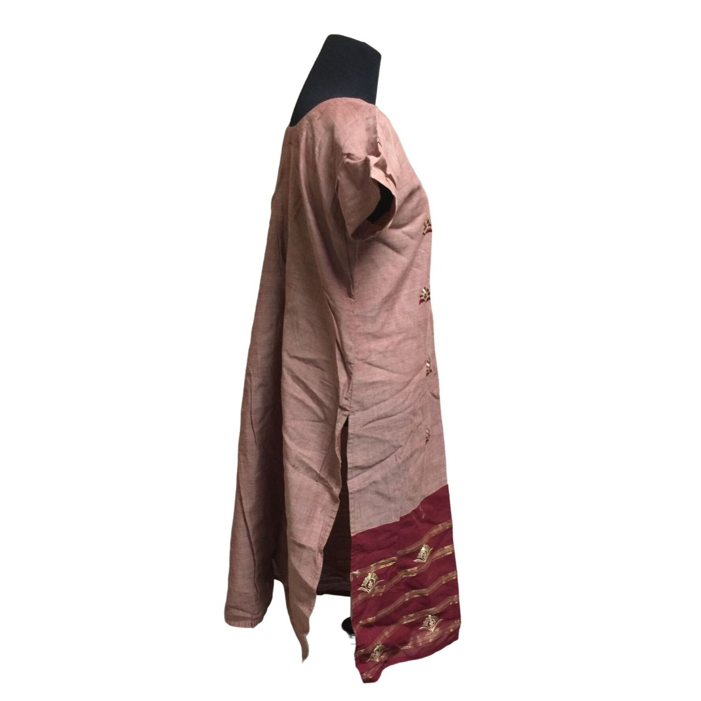 Short Sleeved Kurta with Scarf - Deep Red/Maroon and Gold