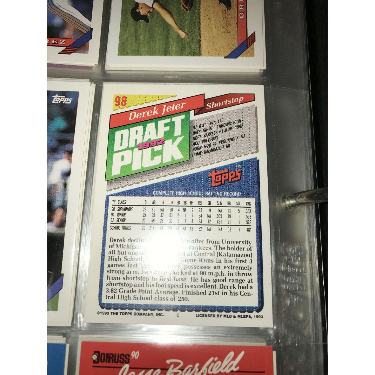 LARGE Binder BASEBALL Cards DEREK JETER DRAFT PICK 1993 Griffey Jr