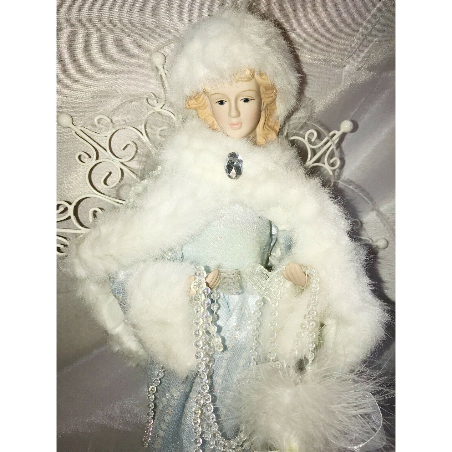 Porcelain Christmas Angel on Base White Fur & Blue Gem Beads Gown