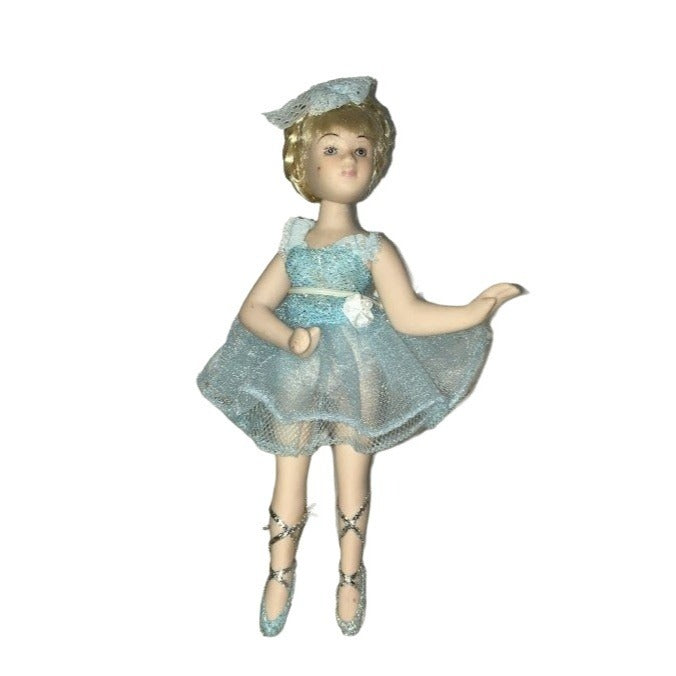 Pretty Ballerina doll in blue tutu bodice and hair decor - with toeshoes and small white stand - petite sweet young dancer piece