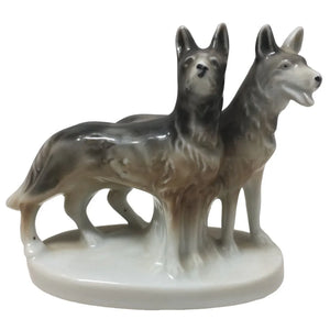 Vintage Porcelain Dog Figurine Made in Japan - 2 Grayish Brown Dogs on White Base