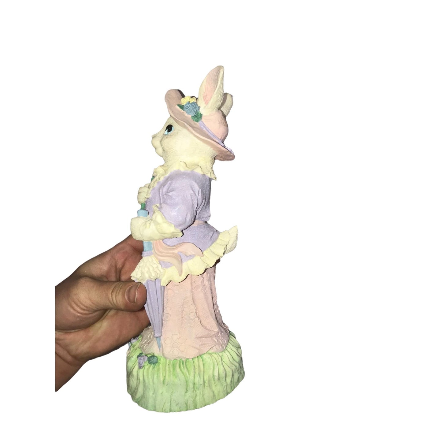 Windsor Collection Collectible EASTER BUNNY Figure. White Rabbit in pink and purple Dress w Umbrella, Hat and Flowers