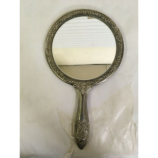 Vintage Hand-Held Vanity Silverplated Mirror - Raised floral design - Nice Piece