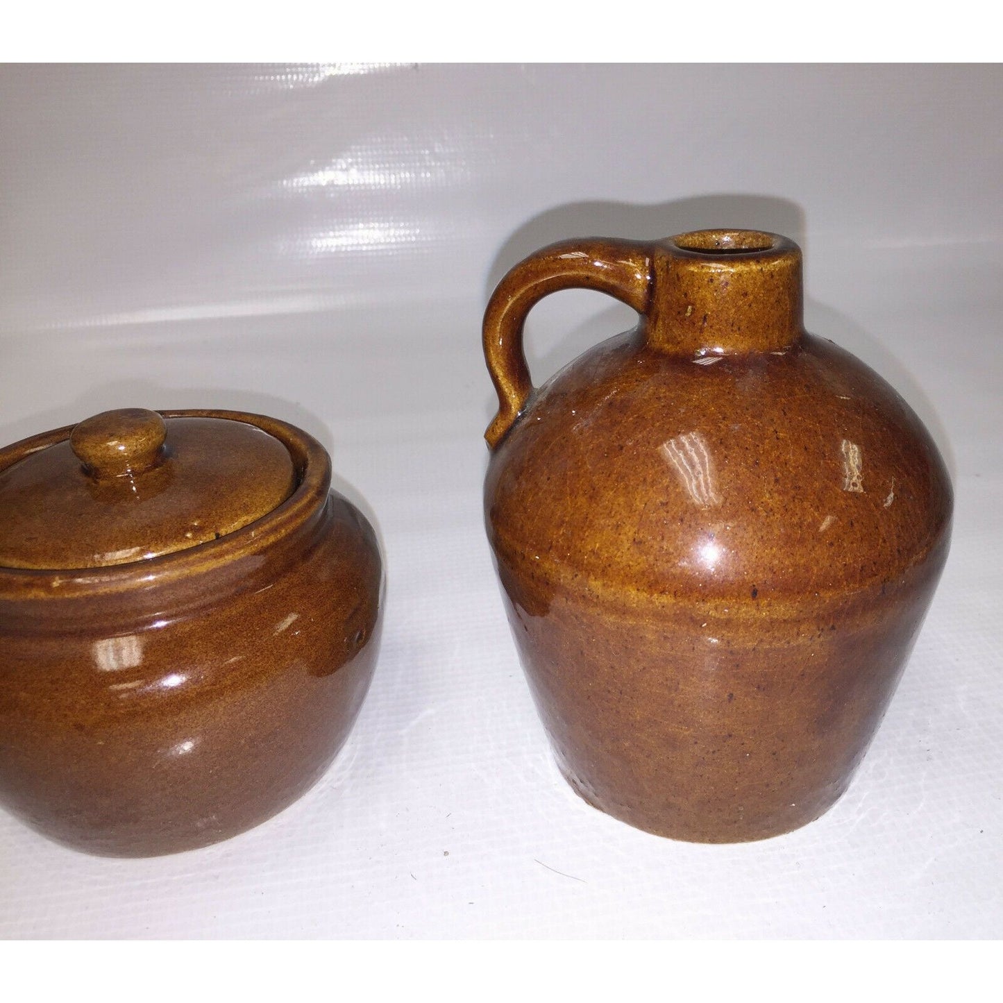 Vtg STONEWARE Set JUG and LIDDED CROCK Brown w Gloss Glaze Jar