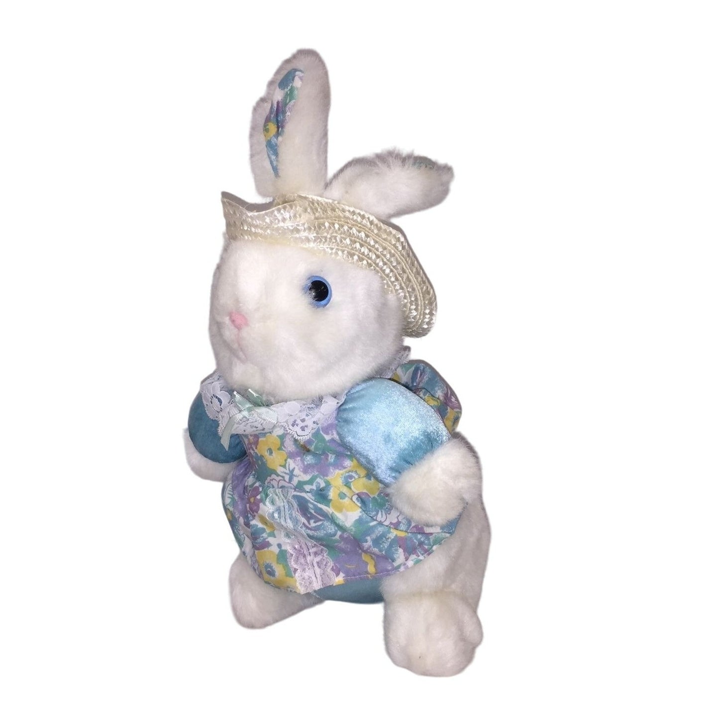 Sweet Smiling White Easter Bunny Rabbit Plush with Straw Hat and Blue, Purple Yellow Floral Print Dress and Accents