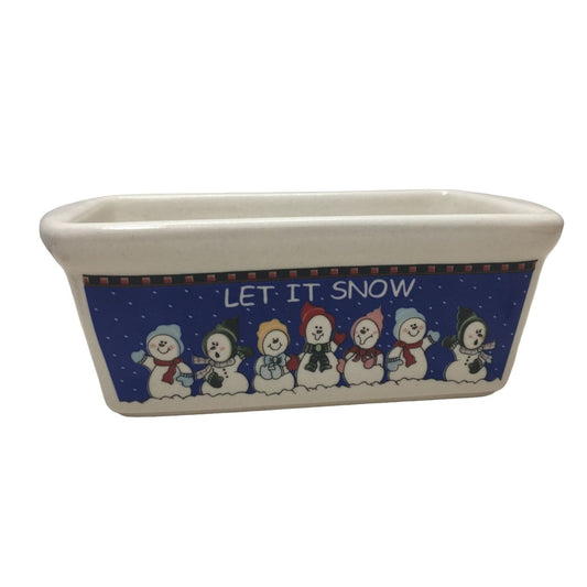 Fun Festive Holiday Loaf Pan or Side Serving Dish - LET IT SNOW with line of Snowmen