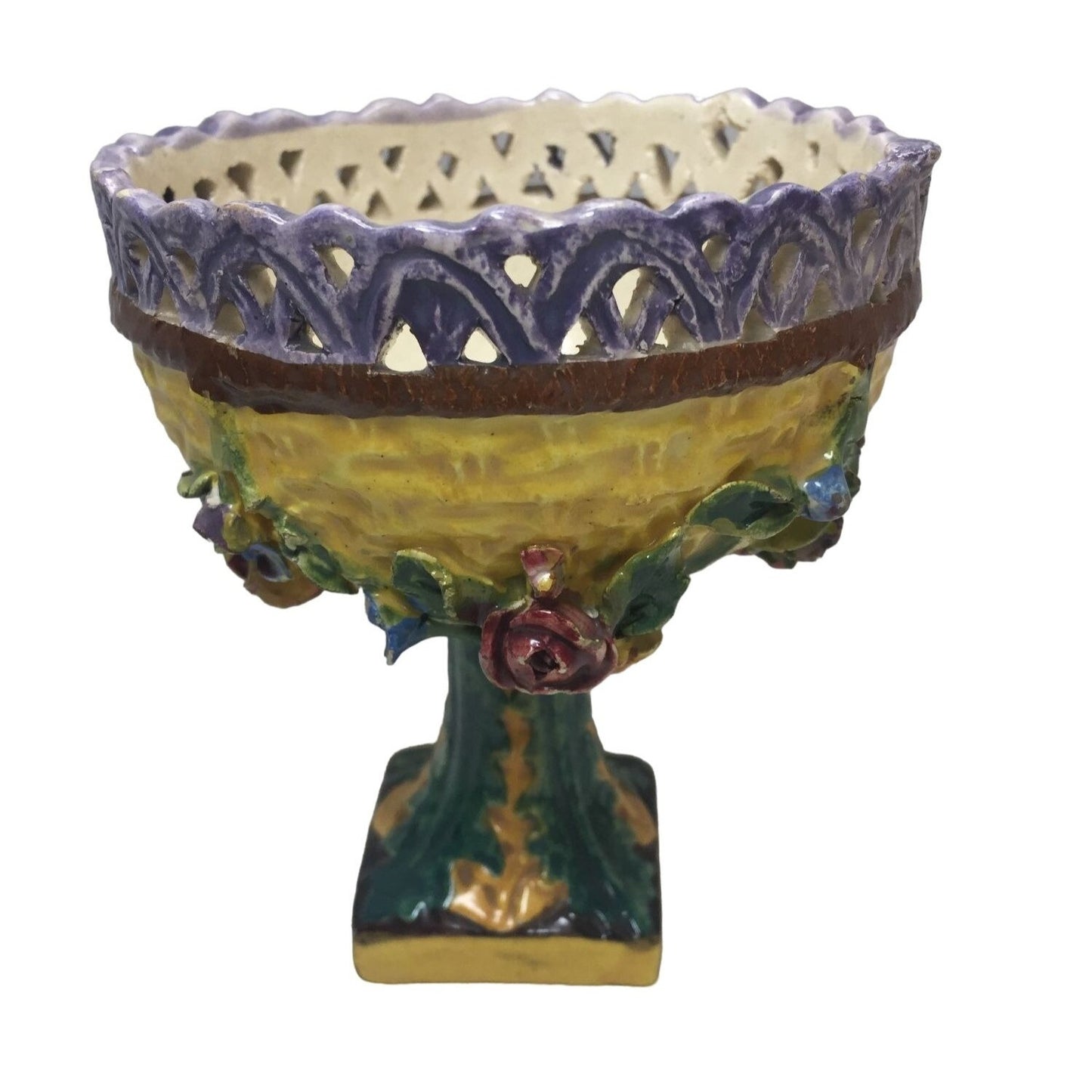 Vintage Pedestal Compote from Italy Sculpted Flowers on Outer Bowl