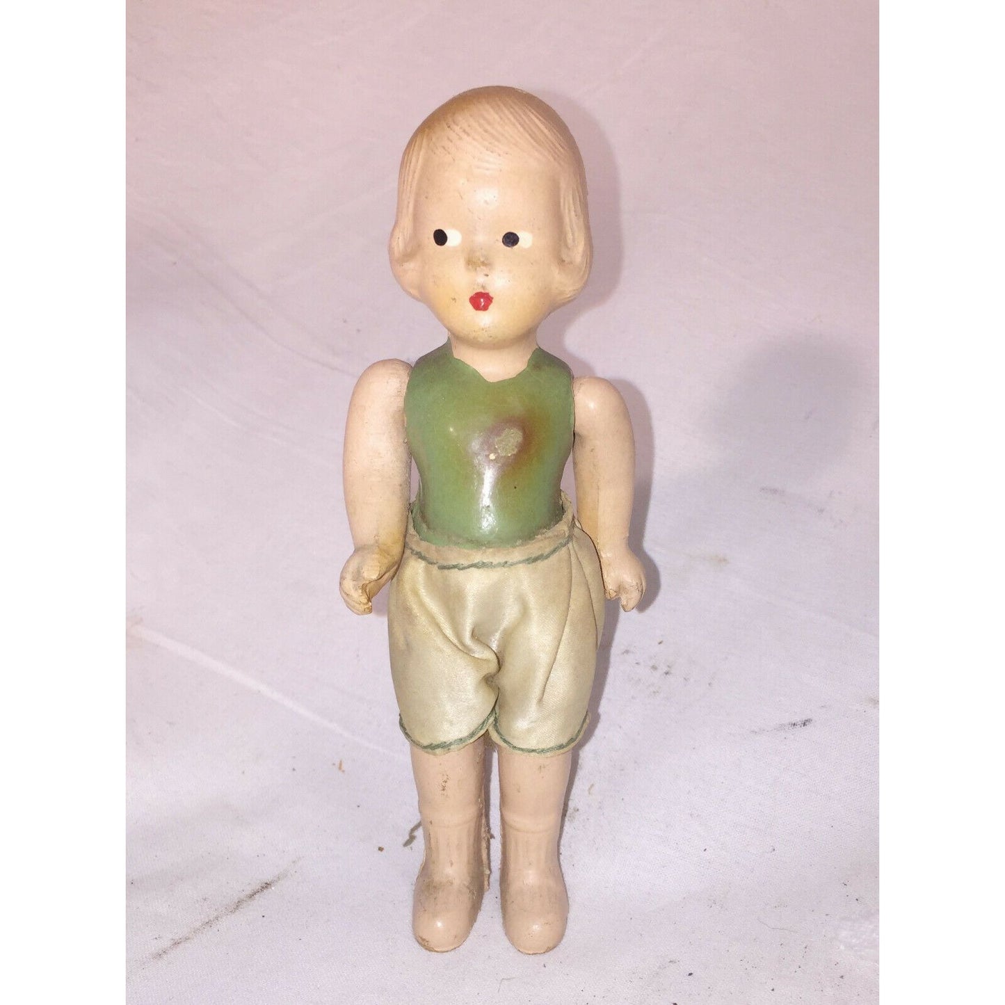 6" Antique BISQUE Doll w Pursed Lips Green Body Satin Shorts Cute