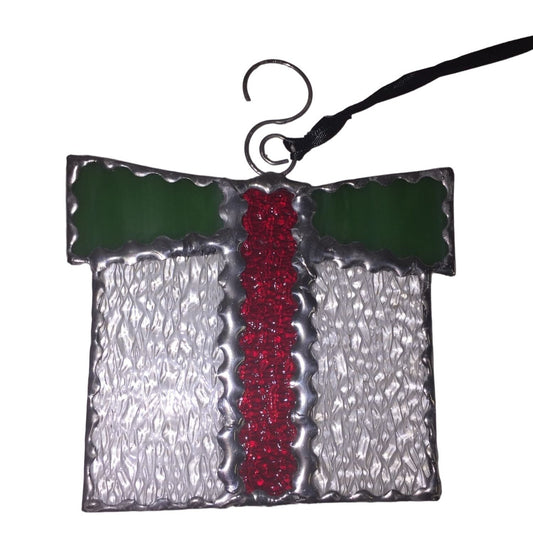 Pretty Textured Stained Glass Christmas Present Ornament or Sun catcher - Clear texture with Green and Red "Ribbons"