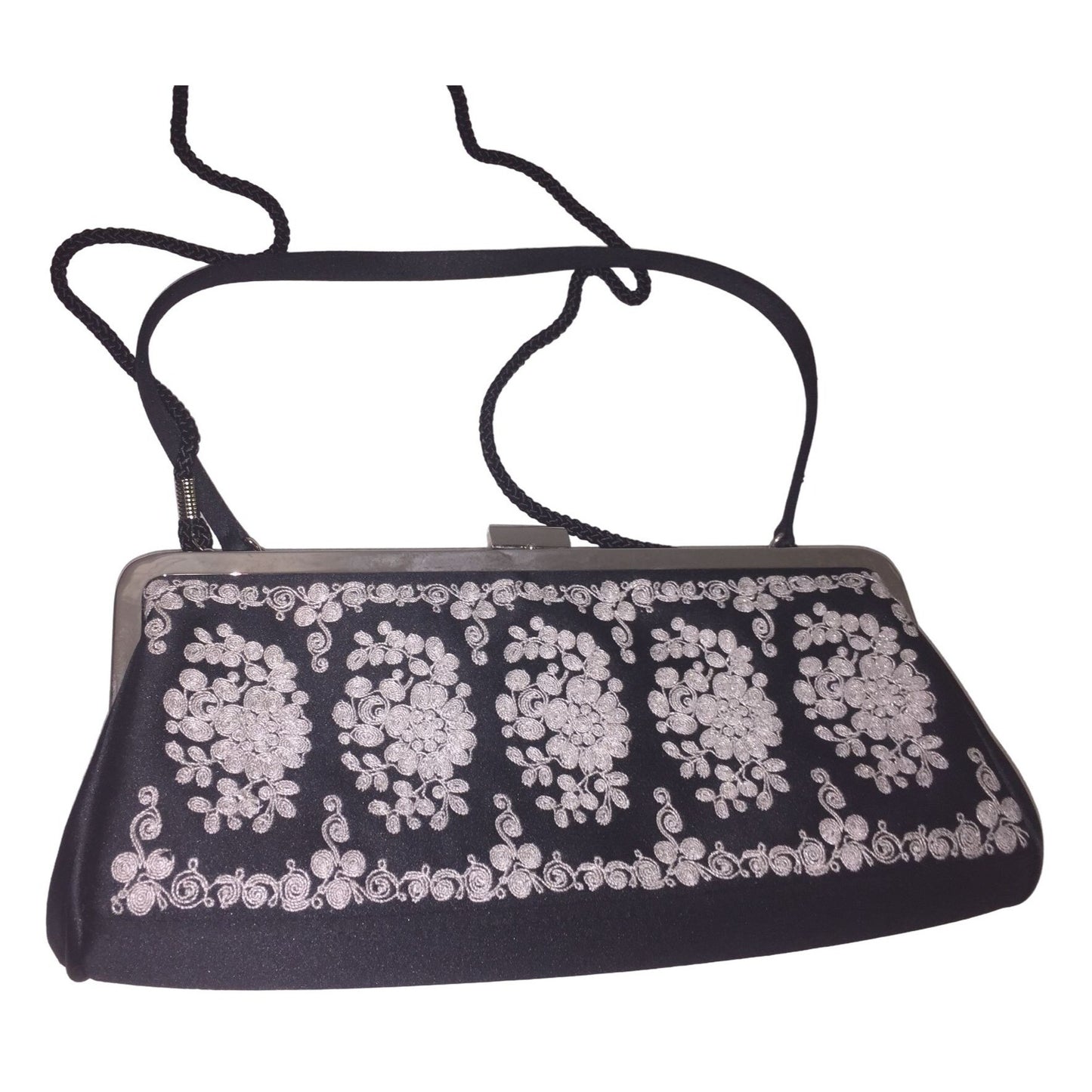 Kate Landry Ornately Embroidered Clutch Evening Bag - Shoulder and Hand Strap - Black & White