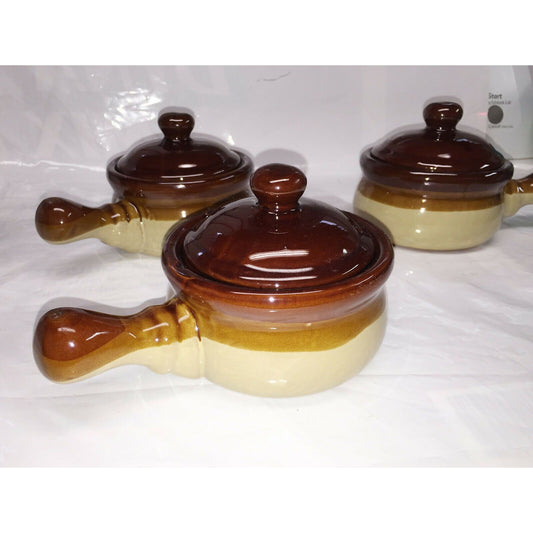 Stoneware HANDLED BOWLS w LIDS Set of 3 Brown French Onion Soup