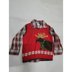 Good Lad Christmas Sweatervest with plaid shirt (3T) - Moose in scarf on sweater - cute fun holiday set