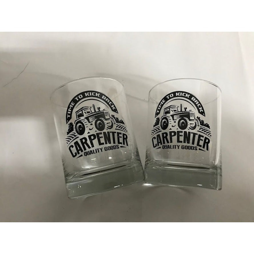 'Time to Kick Back!' Carpenter Quality Goods Country Style 'Rocks' / Whiskey Glasses (set of 4)