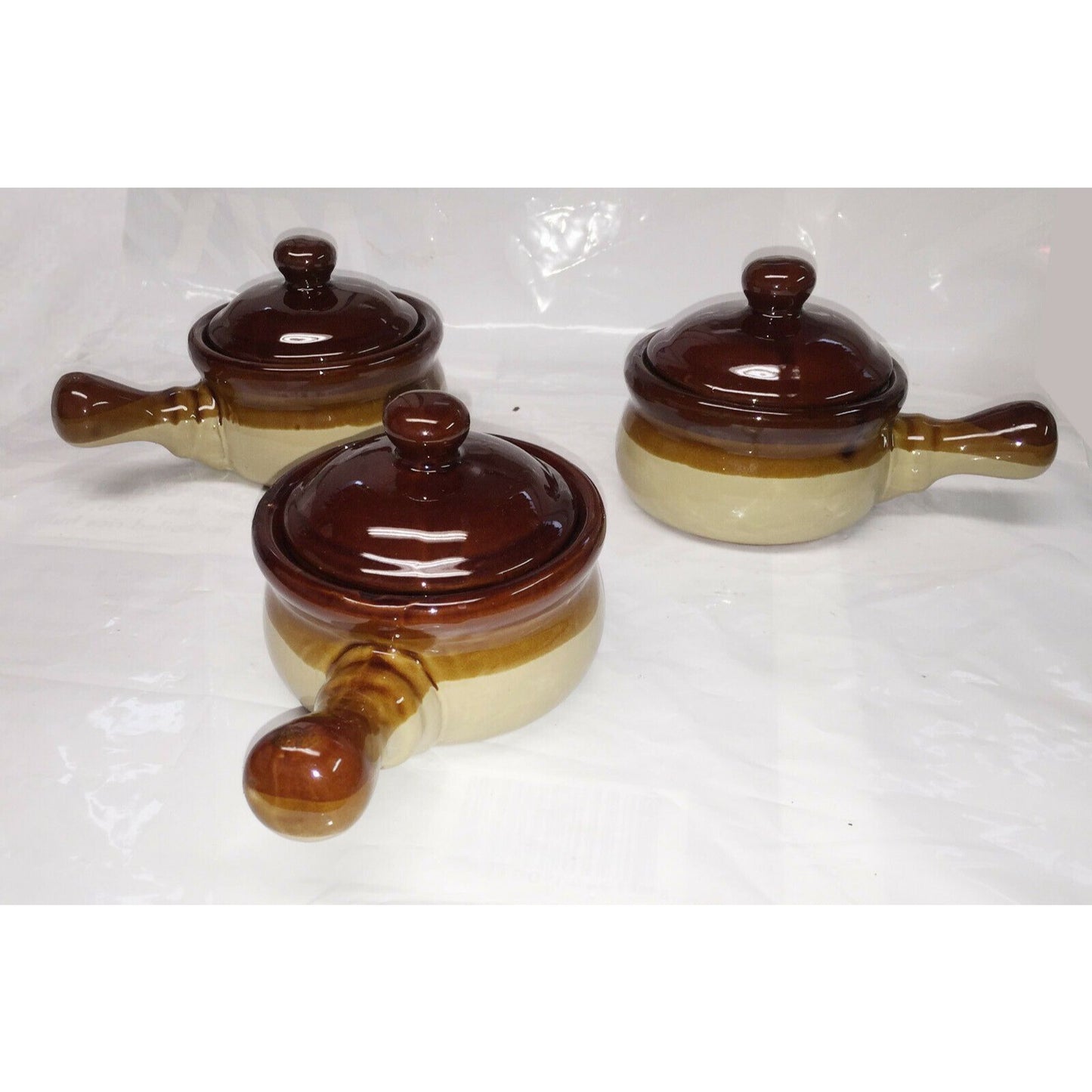 Stoneware HANDLED BOWLS w LIDS Set of 3 Brown French Onion Soup