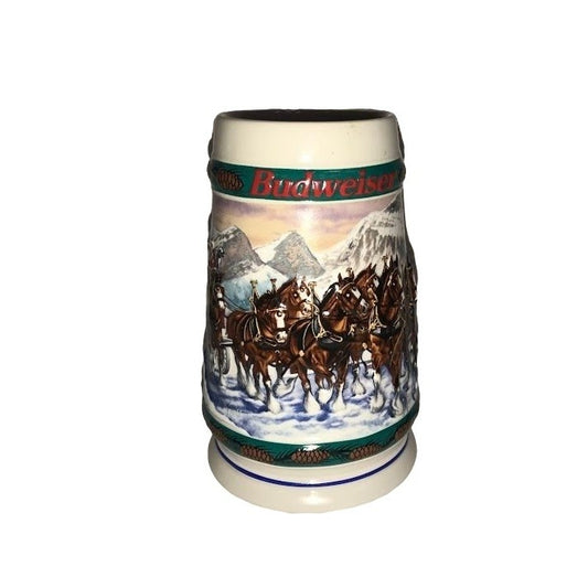 Budweiser 'SPECIAL DELIVERY ' Holiday Beer Stein - Winter Snowy Scene with Clydesdale horses and Budweiser sleigh -Very good condition in or