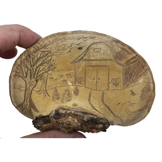 VIntage Art - Etched/ burned Farm Scene in  Conk Tree Fungus Mushroom - 4"