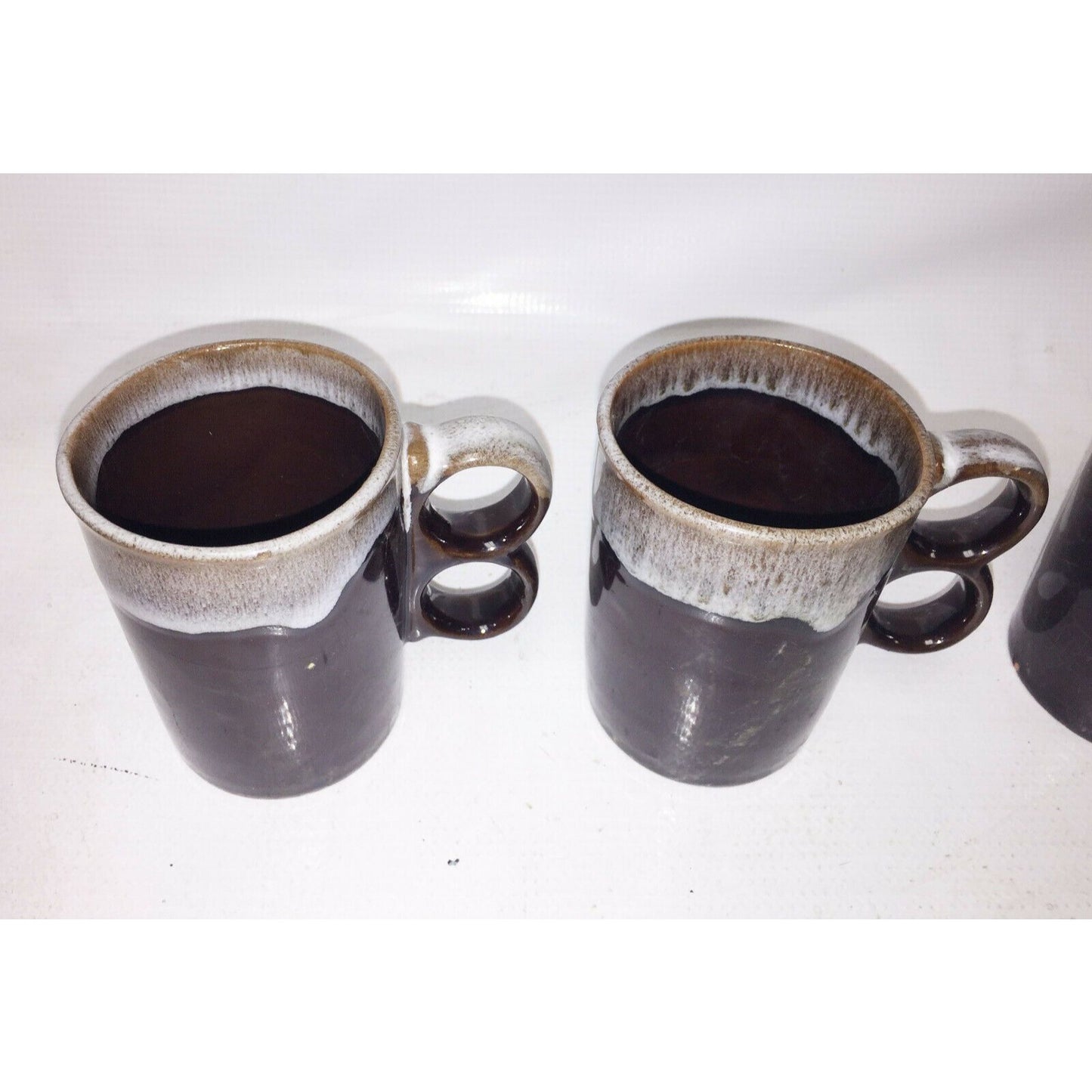 Stoneware DOUBLE FINGER Mug SET Chocolate w White Speckled Rim