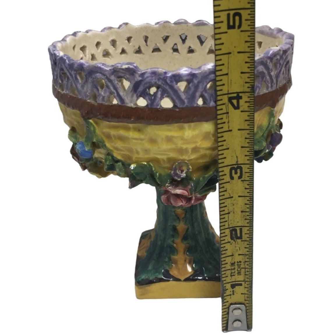 Vintage Pedestal Compote from Italy Sculpted Flowers on Outer Bowl