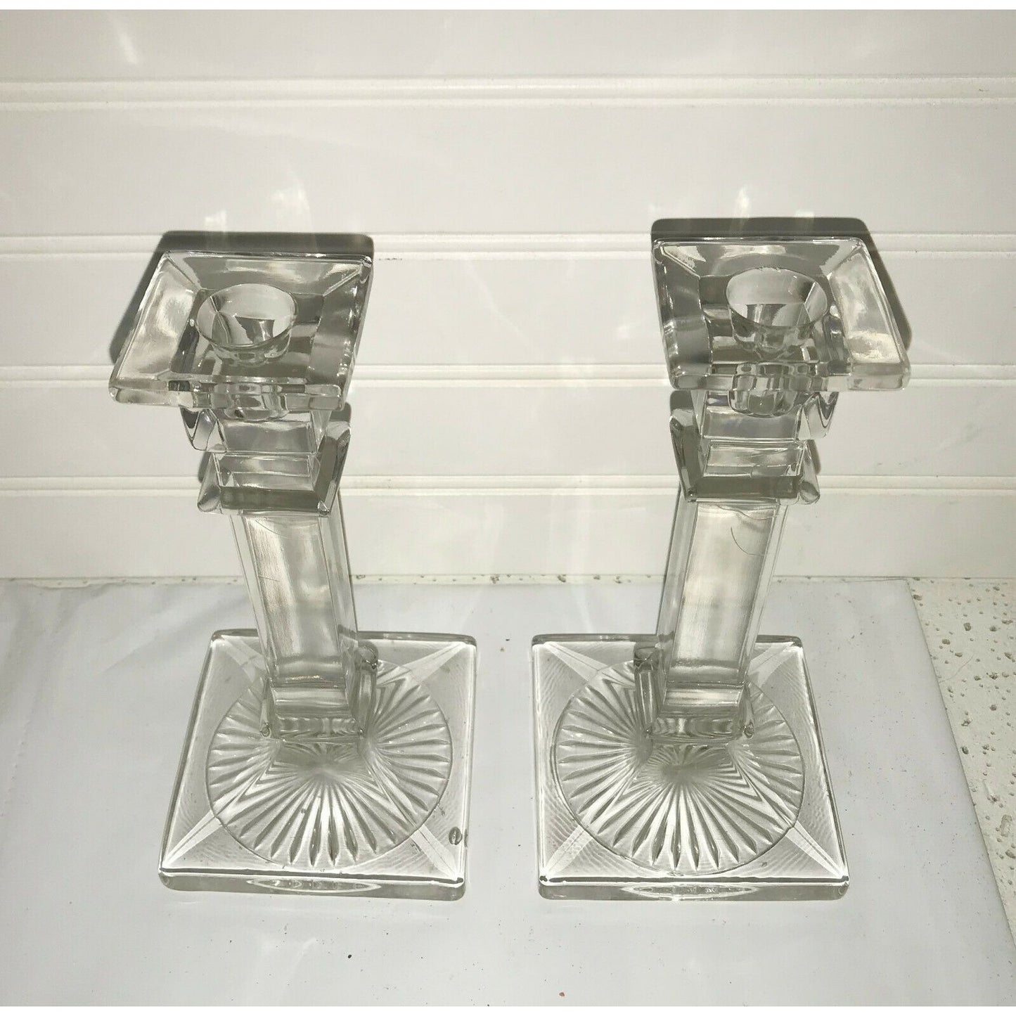 Pair of Column Style Clear GLASS CANDLESTICK HOLDERS Burst Design