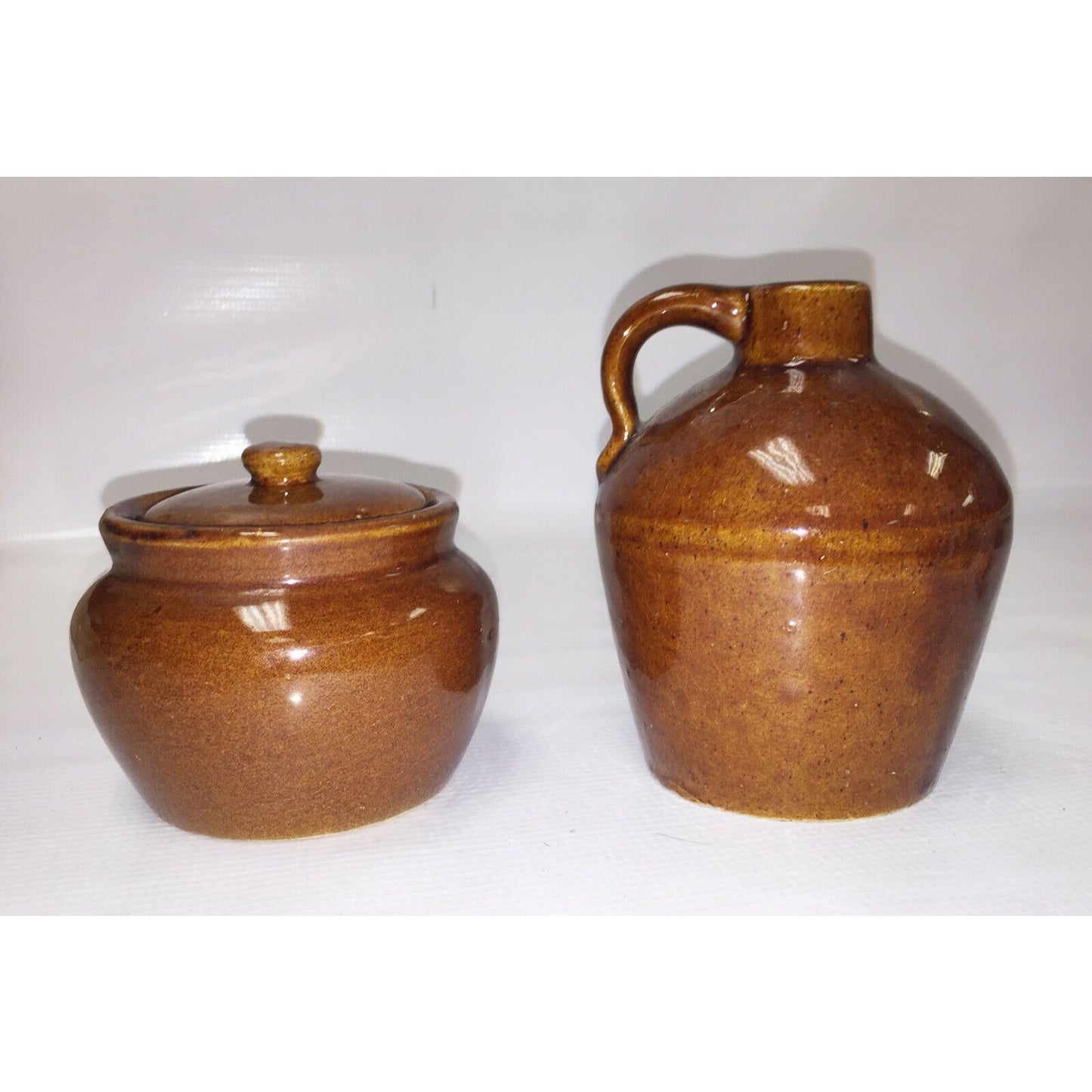 Vtg STONEWARE Set JUG and LIDDED CROCK Brown w Gloss Glaze Jar