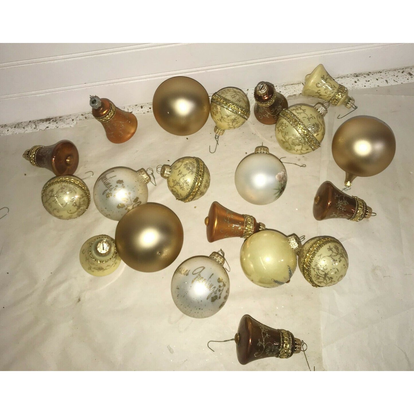 White & Gold CHRISTMAS ORNAMENTS Bell HANDPAINTED Holiday Decor