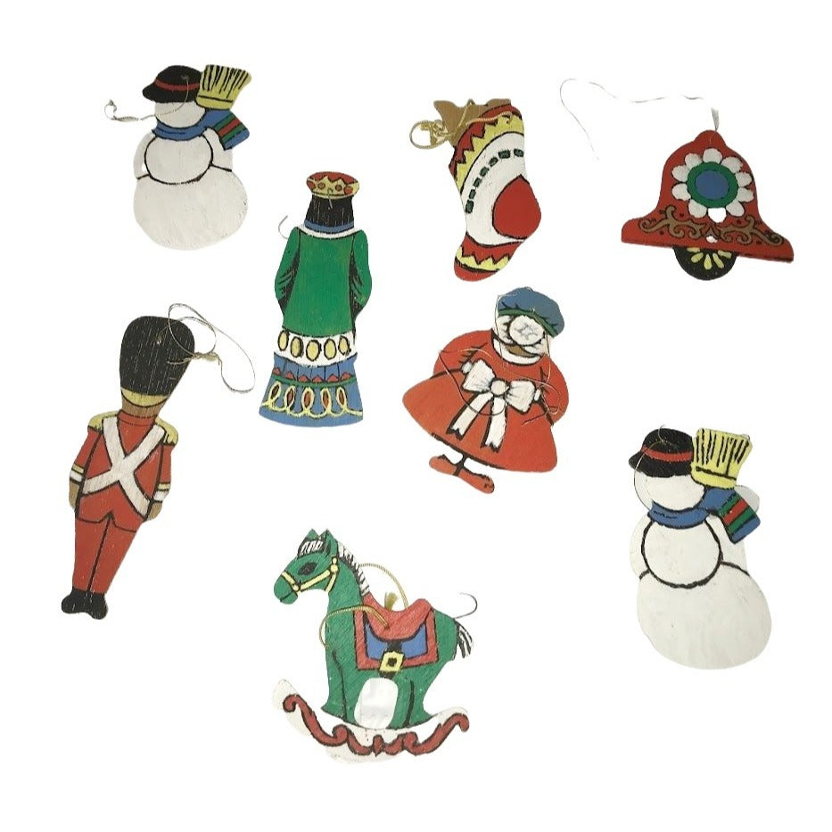 Holidays - Set of 8 Thin wood/board christmas ornaments - colorful classic look - handpainted - soldier ornament - snowman - rocking horse,